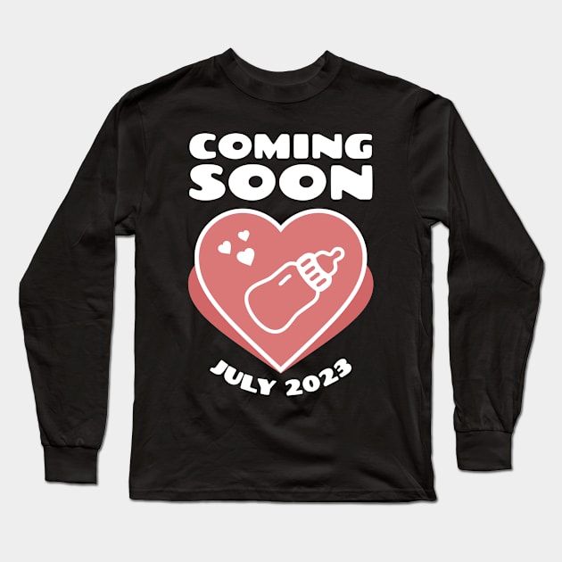 Coming soon. July 2023 birthday. Baby Announcement. Feeding Bottle Long Sleeve T-Shirt by KOTYA